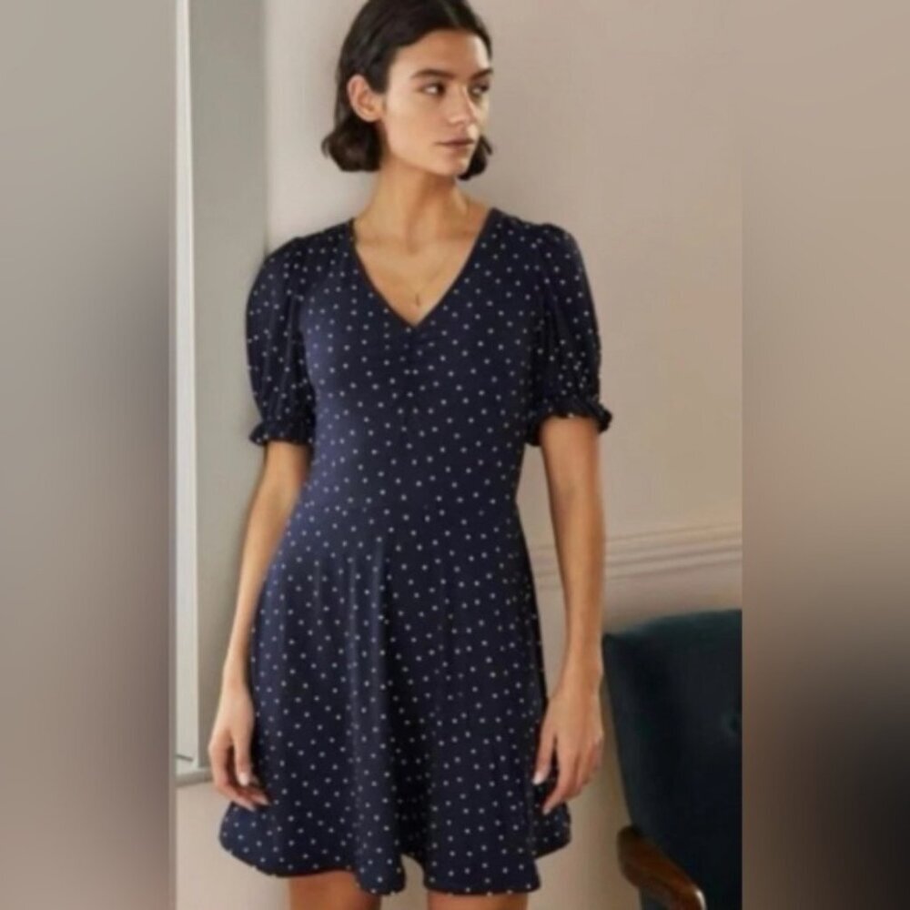 BODEN Short Puff Sleeve Jersey Mini Dress Polka Dot V Neck D0136 Size 8R